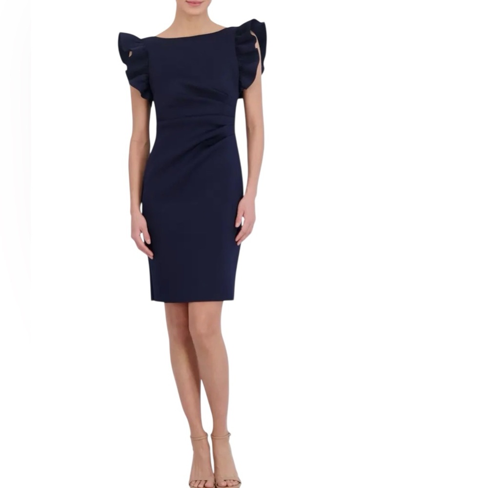 Eliza J Ruffle Sleeve Scuba Crepe Cocktail Sheath Dress, size 12, like new